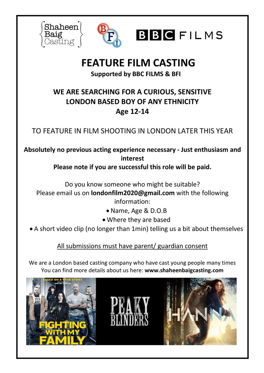 @ArabBritishCen We are searching for a curious &amp; sensitive #London boy aged 12-14, all ethnicities, for a feature film this year. Great talented team involved and wonderful #opportunity More details on flyer attached. PLS RT and help spread the word. Thank you🤞🏽#casting