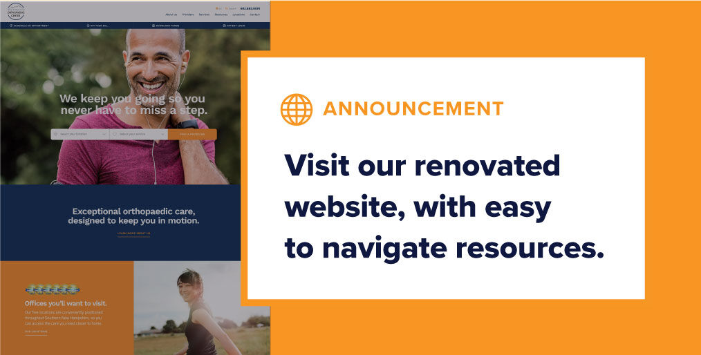 NHOrthoCenter's tweet photo. We have recently launched our new orthopaedic web experience. Our new interface has been updated to be easier to navigate and mobile-friendly. Visit https://t.co/fwIvgyj8dy today to learn more about our doctors, download resources, pay bills, and schedule appointments. #nhoc https://t.co/ZnTk4Nqx80