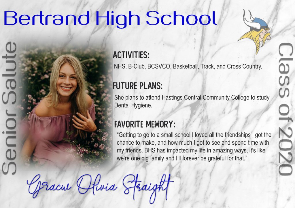 BertrandVikings's tweet photo. Bertrand High School Senior Spotlight for May 5, 2020
Grace Straight https://t.co/e2kqPmDBOi
