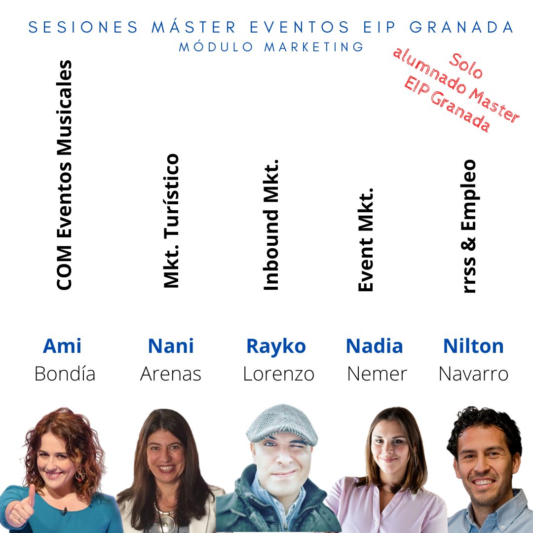 El Módulo de #Marketing del Máster de Gestión de #Eventos de <a href="/EIPGranada/">Escuela Protocolo Gr</a> , llega cargado de buen@s profesionales.

♠️ <a href="/NaniArenas/">Nani Arenas</a> 
♥️ <a href="/amibondia/">Ami Bondía🌞/Lady Energía 🔋</a> 
♣️ <a href="/_nadianemer_/">Nadia Nemer</a> 
♦️ <a href="/NiltonNavarro/">Nilton Navarro </a> 
🃏<a href="/raykolorenzo/">Rayko Lorenzo</a>

Marketing Turístico, Comunicación en Eventos Musicales, Empleo, Event Mkt... Go!