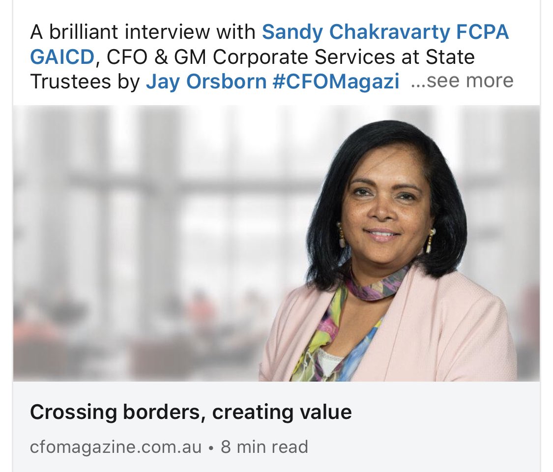 cfoseries's tweet photo. Great insights from State Trustees CFO &amp; GM Corporate Services, Sandy Chakravarty. Online now https://t.co/yO4X0BHVgv #cfoseries #cfomagazineANZ https://t.co/EIrMbyzCEF