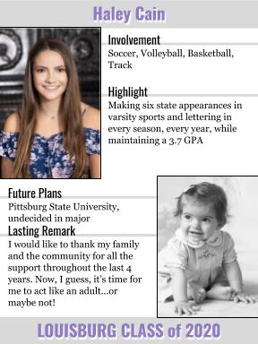LhsUsd416's tweet photo. LOUISBURG HIGH SCHOOL CLASS OF 2020:  
                        Haley Cain!

Follow along as we release every member of  our senior class over the next few weeks! https://t.co/yaXU6f93Cf