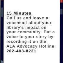 VAASL's tweet photo. Okay: here’s your Virtual Library Legislative Week action item for Tuesday:
✅ Call the ALA Advocacy Hotline and leave a voicemail@ about your library’s impact on the community. 202-403-8221
#advocacy #NLLD #NLLD2020 #virtuallibrarylegislativeweek #schoollibrariestransform https://t.co/z0zEzhnZOy