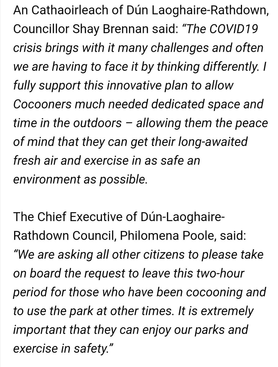 GraingerAnna's tweet photo. ๐ข Thanks 2 @dlrcc 4 supporting & implementing my appeal 2 introduce #DedicatedTimes 4 those who've been #cocooning.
It's our turn now 2 #StayHome so they can enjoy their daily walk/exercise, vital 4 their #physical & #mental #health & #wellbeing in #safety in our #PublicParks. https://t.co/r3zqEr62px