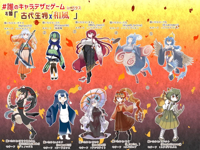 #誰のキャラデザだゲーム 
『古代生物×和風』に参加させて頂きました!
私は③番の子を描かせて頂いてます!
この中に私のデザインした子がいます!アンケートつけておくので、ぜひ当ててみてください! 