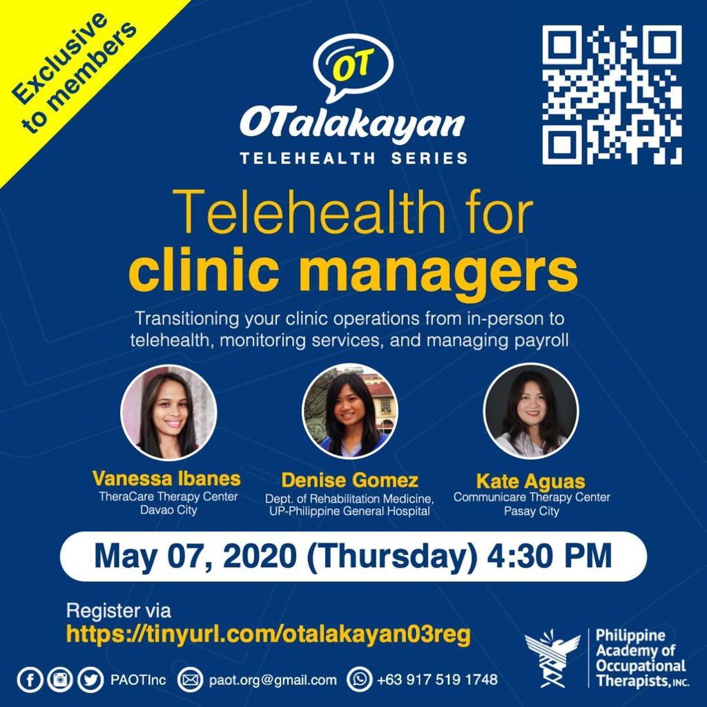PAOTinc's tweet photo. Our third #OTalakayan episode will air on May 07, 2020 (Thursday) at 4:30 PM PST via  Zoom Webinars and exclusive to PAOT Members! Scan the QR code or visit the link to access the registration form (required) #OTviaTelehealth https://t.co/Cua30sEvHE
