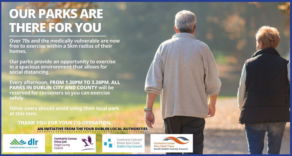 Starting tomorrow, all dlr parks will be reserved between 13:30 and 15:30 every day for the elderly and vulnerable to exercise.  We ask that all other citizens respect this new intiative and use our parks at other times. For more info: bit.ly/Cocooners
#CommunityWellBeing