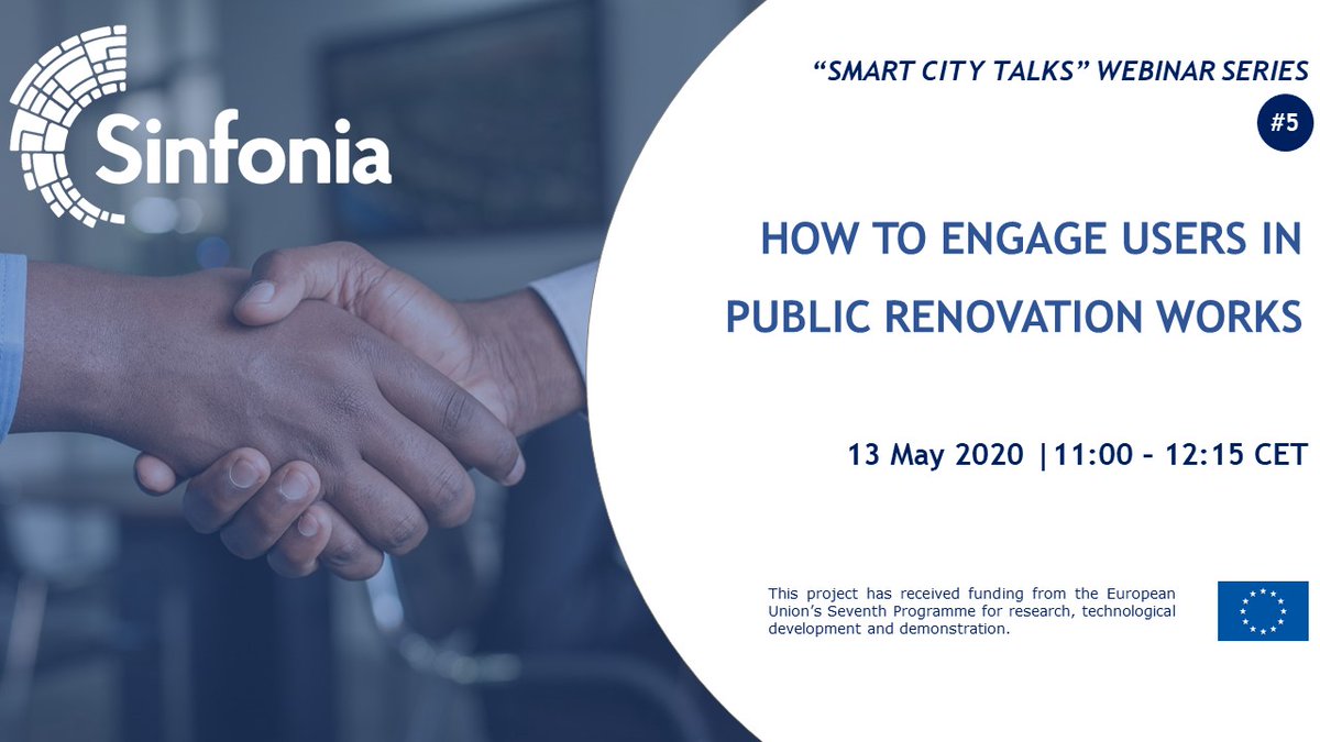 MySmartCityD's tweet photo. The #Sinfonia project is organising its fifth #SmartCity talks webinar. 

Join us on Wednesday 13 May at 11AM to discover effective ways to engage users in public #renovation works 

Registration at: 
https://t.co/fW8jbQafpP https://t.co/v1IBdah9f5
