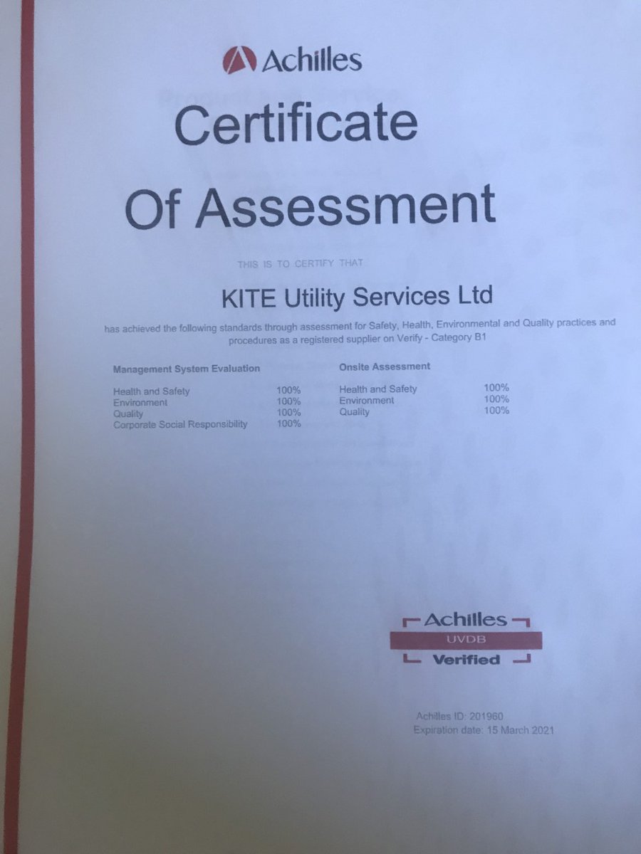 Very pleased to say that Kite Utility services have once again achieved an amazing result for their certification from Achilles!  Congratulations to our hard working team!