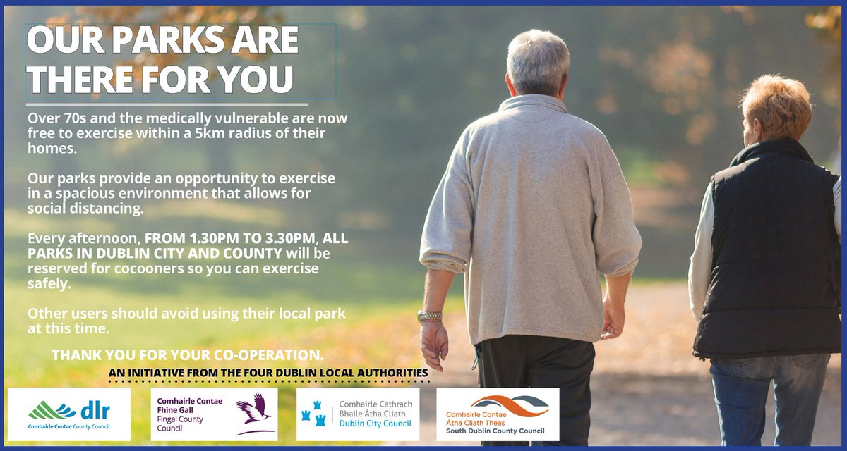 DubCityCouncil's tweet photo. Starting tomorrow, all our parks will be reserved between 1.30pm &amp; 3.30pm, for people who are #cocooning. This includes the over-70s &amp; medically vulnerable people. Please allow older people their chance to enjoy the parks safely during these 2 hrs.
#InThisTogether #communitycall https://t.co/kXnUPD0EsT