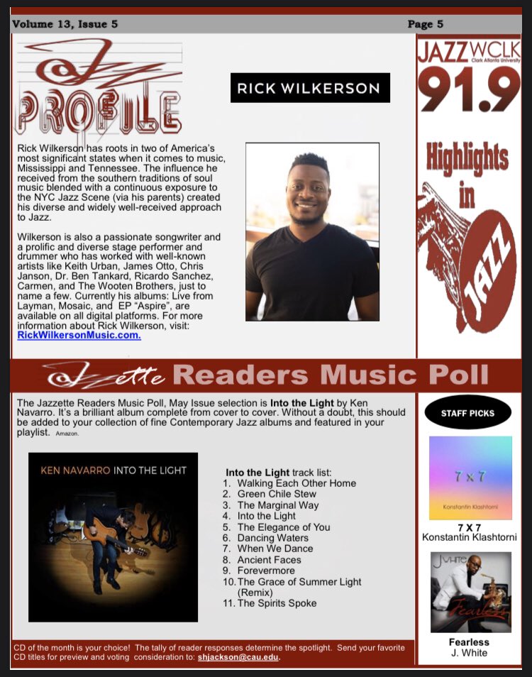 rwilkersonmusic's tweet photo. RT @rwilkersonmusic: RT @Jazz919WCLKatl: #Jazzette #May issue https://t.co/W0gJd37RLH 👈 #Jazz Profie @rwilkersonmusic #CD @Ken_Navarro #KonstantinKlashtorni #JWhite #Jazzness #RT https://t.co/mOG9xtNTj2 Such an honor to be featured here. Loving the support in #atl so honored!
