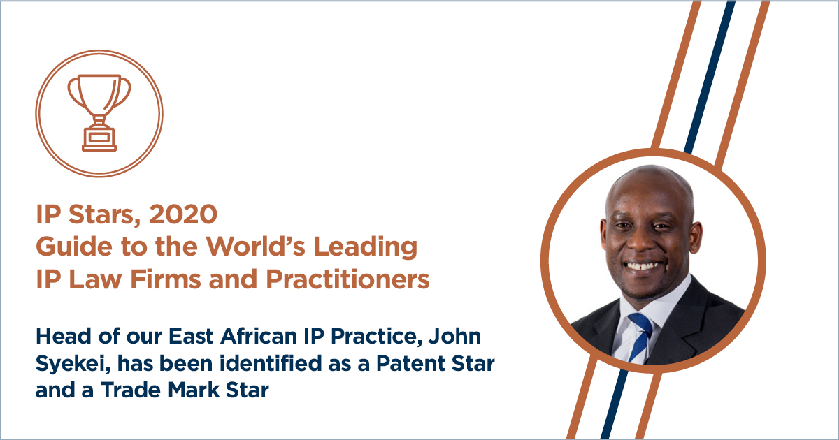 Bowmans_Law's tweet photo. AWARDS 🇰🇪 | Please join us in congratulating the head of #IntellectualProperty, John Syekei, for being recognised by @IP_STARS as a Patent Star and Trade Mark Star in its #IPSTARS2020 rankings. Congratulations John. Read more here: https://t.co/aopMCzNY0h https://t.co/ALCAVbmnu1
