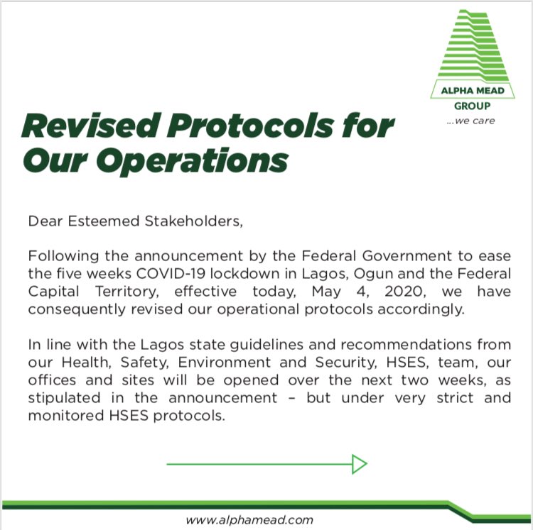 AlphaMeadGroup's tweet photo. Following the announcement by the Federal Government to ease the five weeks #COVID19 lockdown, we have consequently reviewed our #operationalprocedures accordingly.
We encourage everyone to keep adhering to the safety guidelines prescribed the the authorities
#WeCare https://t.co/G5frOWL5AX