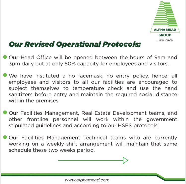 AlphaMeadGroup's tweet photo. Following the announcement by the Federal Government to ease the five weeks #COVID19 lockdown, we have consequently reviewed our #operationalprocedures accordingly.
We encourage everyone to keep adhering to the safety guidelines prescribed the the authorities
#WeCare https://t.co/G5frOWL5AX