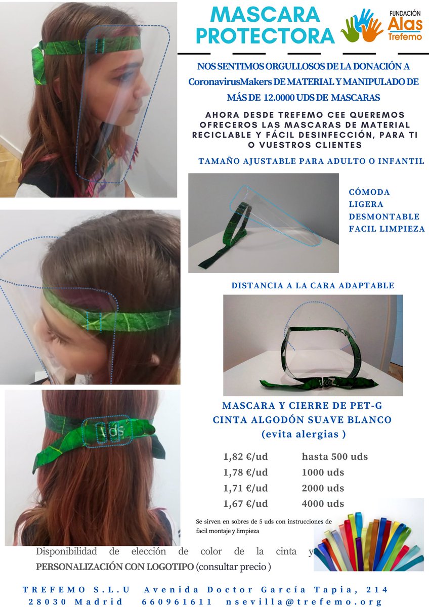 FundAlasMadrid's tweet photo. En Trefemo hemos comenzado a producir máscaras protectoras para evitar el contagio del coronavirus. Están hechas a partir de material reciclable y sus cintas de algodón son ajustables para que puedan ser utilizadas por adultos y niños. Pedidos: 660961611 - nsevilla@trefemo.org https://t.co/shCw1uMwOR