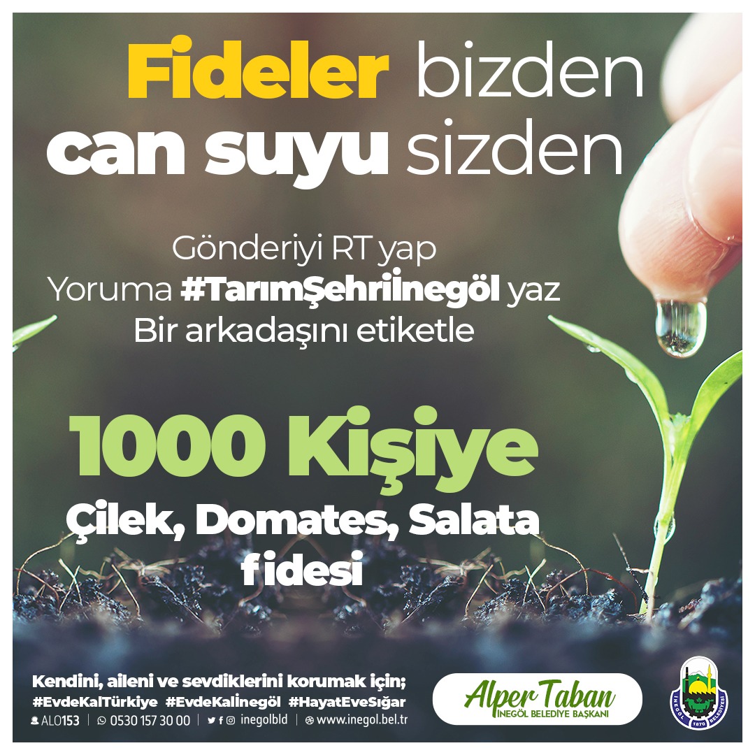 Fideler bizden, can suyu sizden
Facebooktan 400,instagramdan 400 ve twitterdan 200 olmak üzere toplam 1000 kişiye çilek, domates, salata fidesi hediyemiz olacaktır.🍓🥒🍅
Katılım İnegöl'de ve çevre illerde yaşayan takipçilerimizle sınırlıdır.Etkinlik Perşembe 12:00'de sonlanacak.