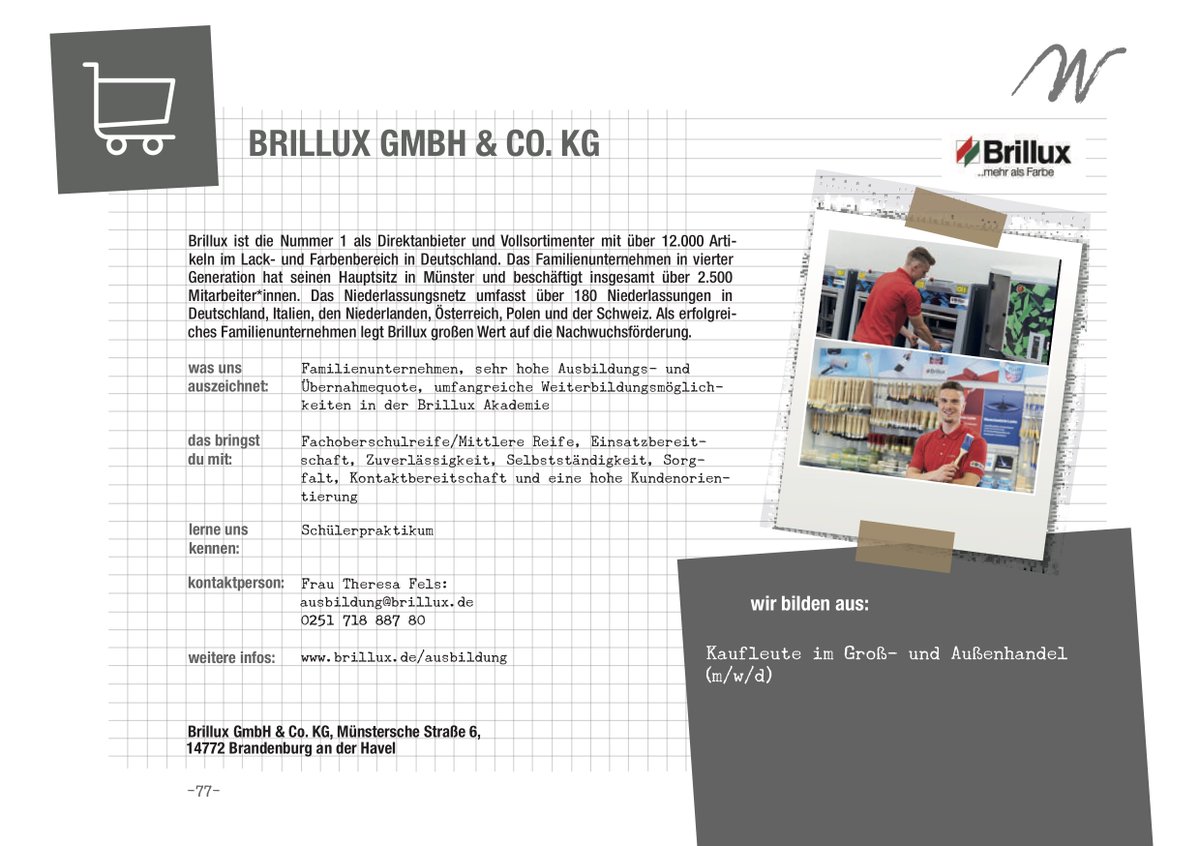 AzubiWeb's tweet photo. Das Familienunternehmen Brillux sucht Azubis für den Standort in Brandenburg a.d.Havel! Das Unternehmen beschäftigt rund 2.500 Mitarbeiter und umfasst über 180 Niederlassungen. Das Unternehmen bildet Kaufleute im Groß- und Außenhandel (m/w/d) aus u. sucht interessierte Bewerber! https://t.co/lpQyTAubbQ
