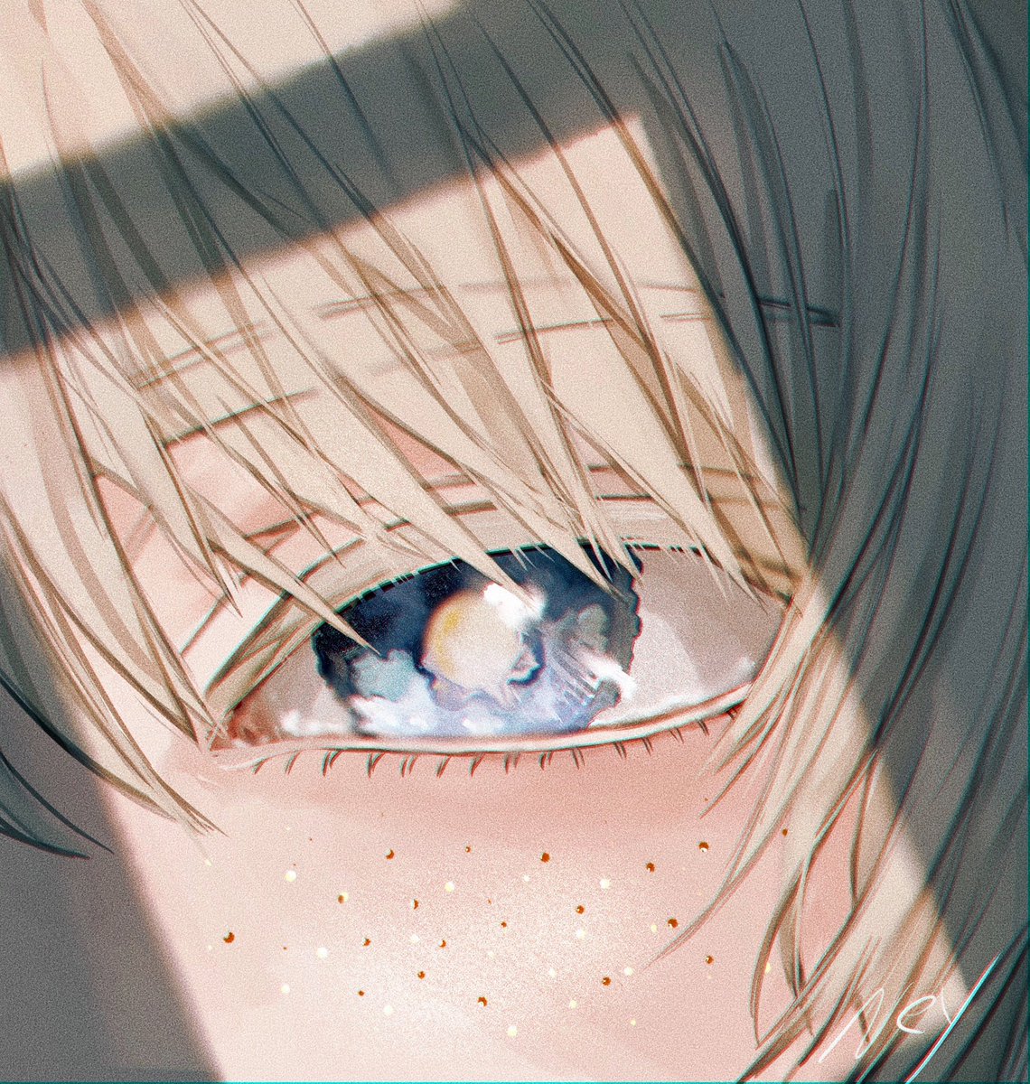 eye focus solo 1girl freckles close-up blue eyes bangs  illustration images