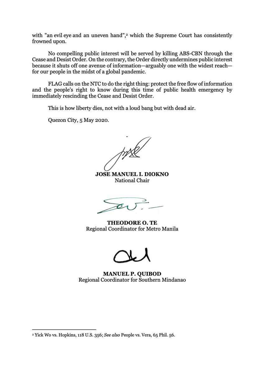 ChelDiokno's tweet photo. Sharing the statement of the Free Legal Assistance Group (FLAG) on NTC’s shutdown order against ABS-CBN: https://t.co/KIDF1IyYj9 https://t.co/0yQspOji1r