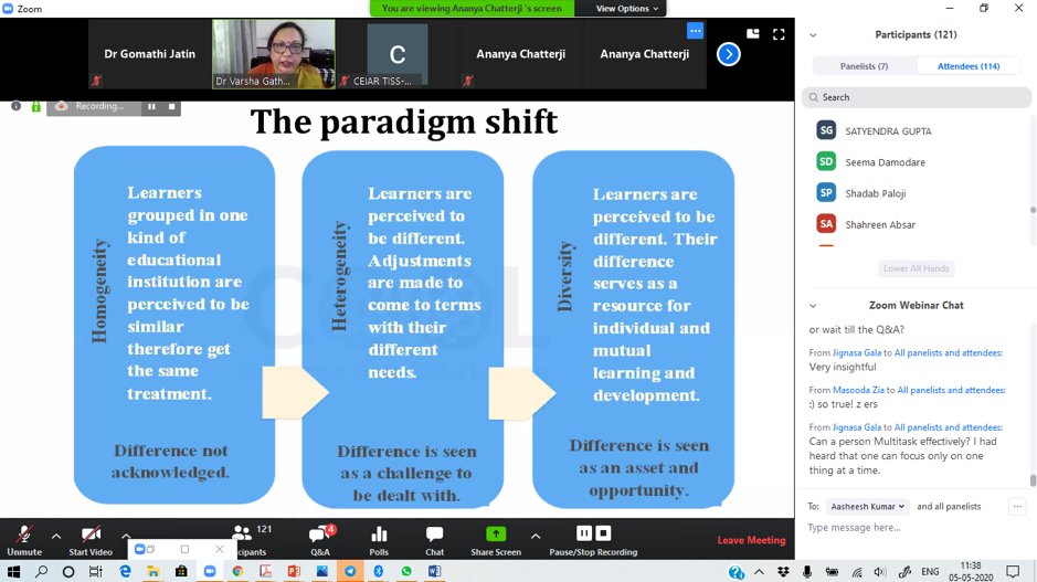 cete_tiss's tweet photo. 3rd session of #TALC2020 #webinar series on #Diversity n #Diverseneeds of #Learners conducted by Dr.Varsha Gathoo 4m #AYJNISHDD on 5th May 2020. 119 participants 4m @AYJNISHDD, @Uni_Mumbai, #TISS joined d webinar.
#TISSCOOL #UniversityofMumbai #CEIAR #InclusiveEducation (1/6) https://t.co/VPCb8sP62m