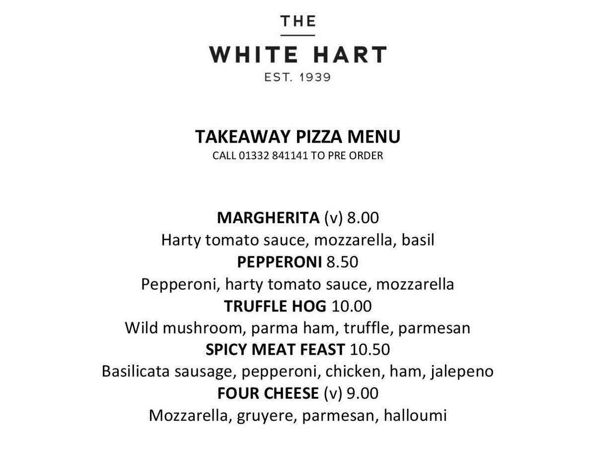 whitehartduff's tweet photo. 🍕Weekends are all about pizza! 🍕

Here's our takeaway pizza menu running on both Friday and Saturday.  Orders are limited! Call us on 01332 841141 to pre order and choose your pick up time.

Which pizza are you trying first?🤔
#whitehartathome @DuffieldParCoun @duffieldlife https://t.co/BpzxPMScCd