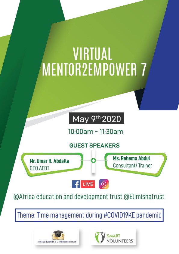 smtvolunteers's tweet photo. Its happening! We are having another mentor2empower session  with the 
Theme 

“Time management during #covid19Ke pandemic”.   

For more information please DM    

@MakeASmileOrg @unifiedyouth_17 @FoundationIman @YusofaF @Imitiaz254 @AEDTWAQF 

#covid_19Ke #interestfreestudyloan https://t.co/4lD4IH4dx8
