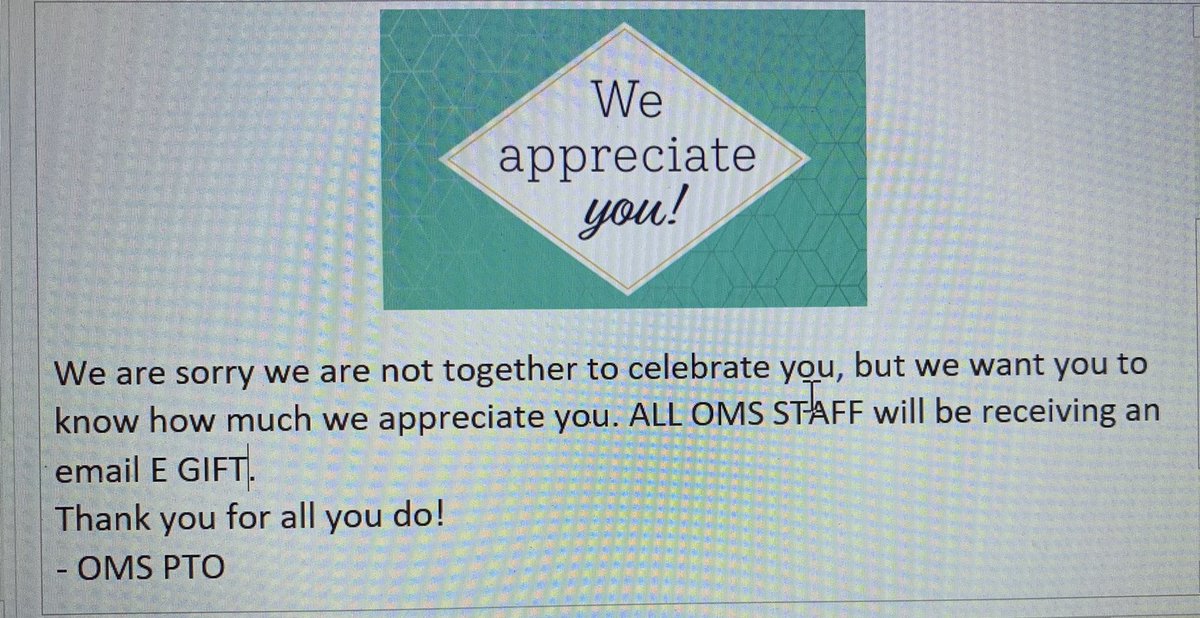 OMS_HCS's tweet photo. Feeling beyond appreciated! Our staff woke up to a wonderful email surprise today. Thank you to our amazing PTO! https://t.co/WGCmH3gPyq