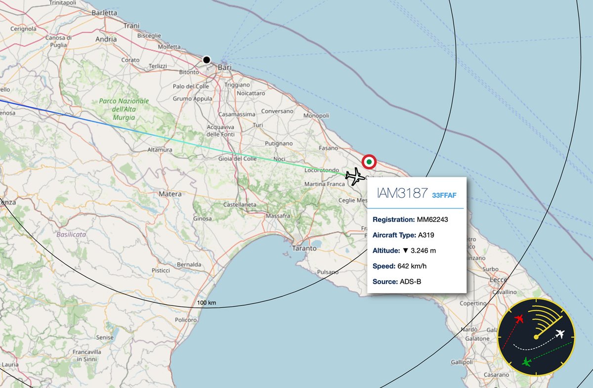 ItaSouthRadar's tweet photo. L'Airbus #A319 #MM62243 dell'Aeronautica Militare Italiana, in volo come #IAM3187, sta per atterrare all'aeroporto di #Brindisi proveniente da Roma Ciampino.
https://t.co/ychPY82V5u https://t.co/irdv7Ub3dn