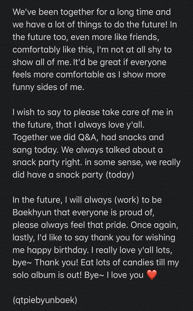 qtpiebyunbaek's tweet photo. 200505 KYOONGPARTY 

(Ending Ment) Baekhyun: Once again, lastly, I'd like to say thank you for wishing me happy birthday. I really love y'all lots~ Thank you! Eat lots of candies till my solo album is out! Bye~ I love you ❤️

- With all the love, B. ✨

#BAEKHYUN @B_hundred_Hyun https://t.co/lH9tqQU7oM