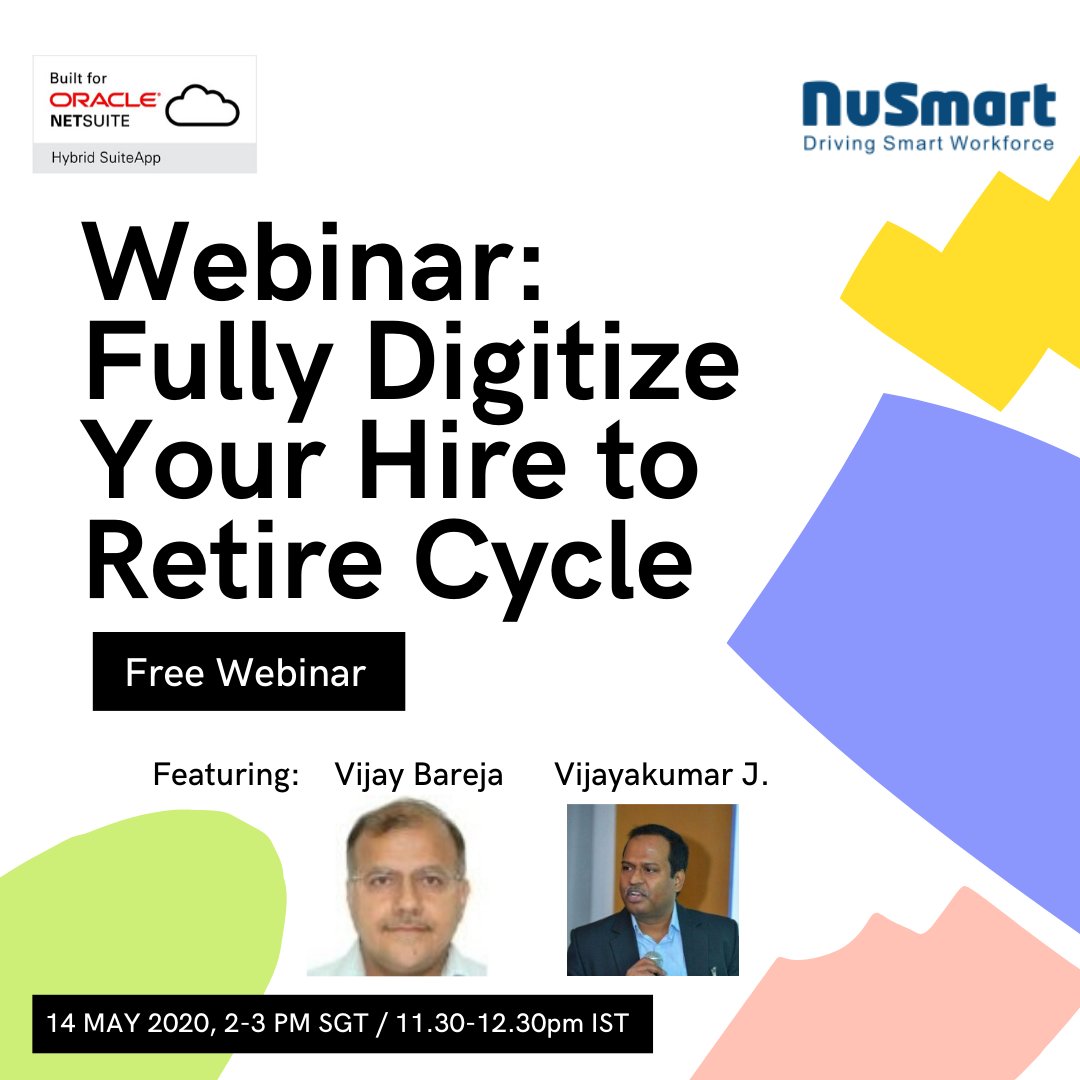 Webinar: Fully Digitize Your Hire to Retire Cycle

Event Details: 14 MAY 2020, 2-3 PM SGT / 11.30-12.30pm IST

Register here: ow.ly/wUwZ50zvU32

#hrms #webinar #employeeproductivity #employeesafety #employeefirst #hrsoftware #hrmanagers