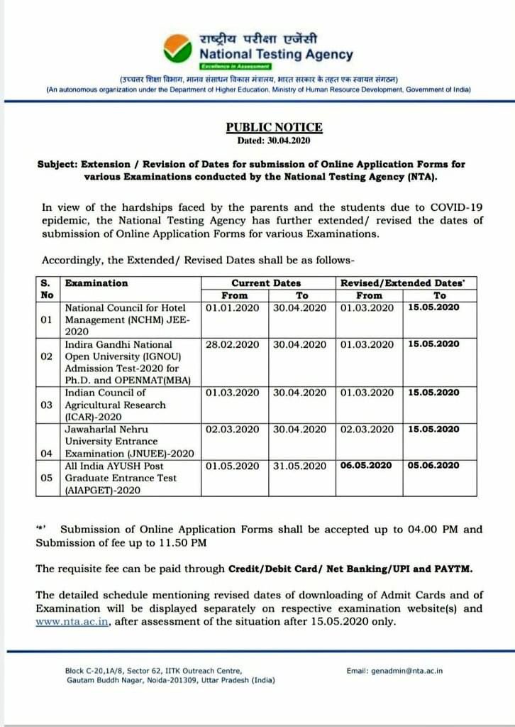 Eduworldglobal's tweet photo. NOTICE
The National Testing Agency (NTA) has further extended the REGISTRATION DATES for various examinations due to the Lockdown Extension by the Central Government.

#NTA #Exams #Education https://t.co/K3zV0F0L71