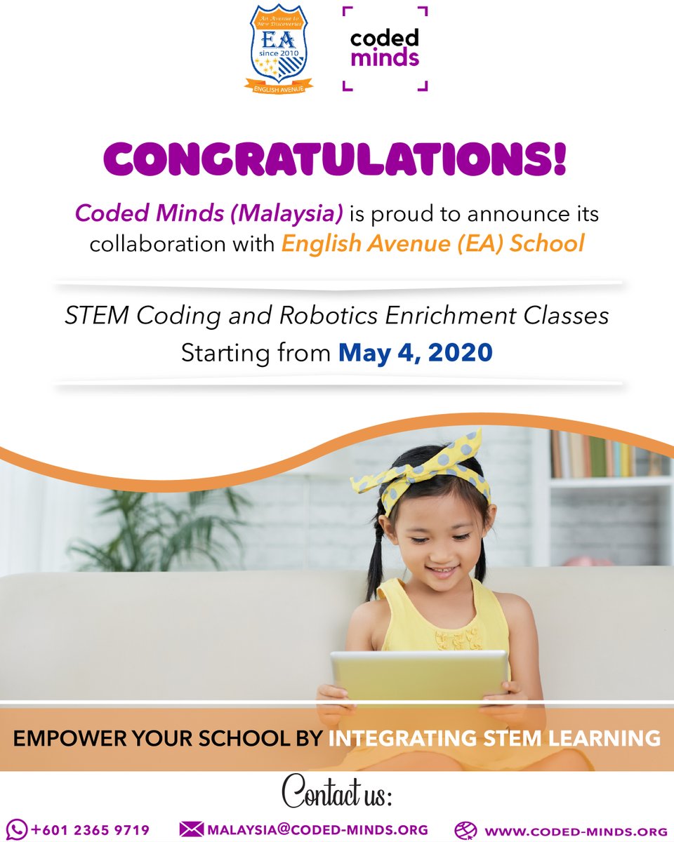 MindsCoded's tweet photo. Coded Minds Malaysia has collaborated with English Avenue School. For classes and further information, contact us.
.
.
#Codedminds #Englishavenue #school #online #class #Malaysia #robotics #STEM https://t.co/4Vh5L7wljR