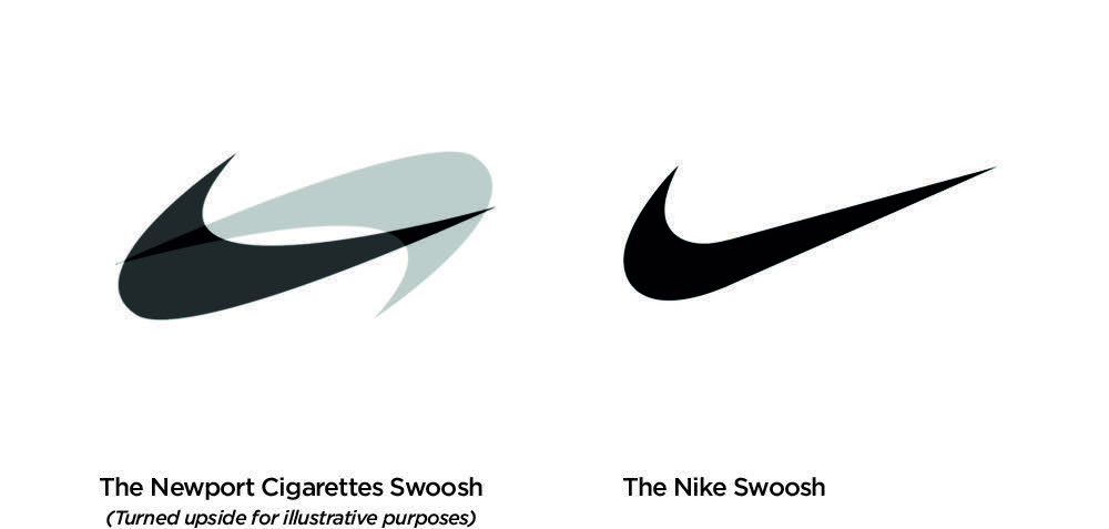 Did not realize that Newport cigarettes has its own swoosh, one that  predates Nike's. It seems to me that Newport's describes the county of the  last decade, while Nike's may describe things