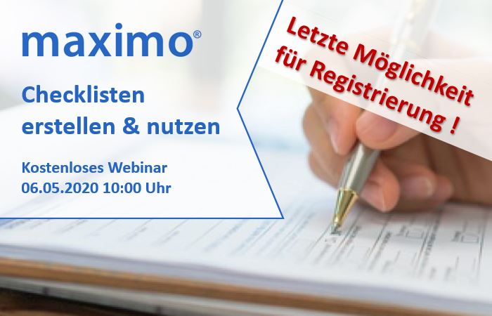 EamSwiss's tweet photo. Letzte Gelegenheit für die Registrierung zum kostenlosen Webinar von @EamSwiss zum Thema Checklisten erstellen in #IBMMaximo. Registrierung unter folgendem Link: https://t.co/uXU7CaOKPn
#EAMSwiss #Instandhaltung https://t.co/Fy1oncQTC0