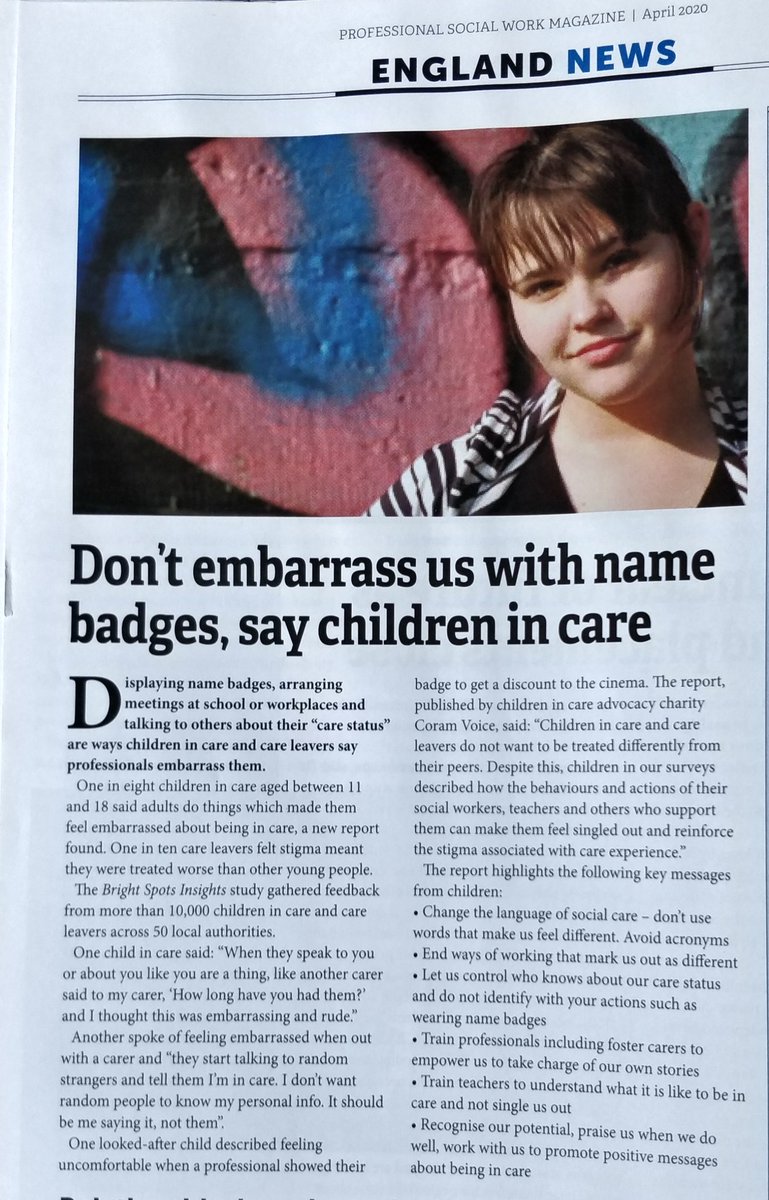 CoramVoice's tweet photo. Great to feature in @BASW_UK.

This article references our Bright Spots #stigma #insightpaper that shows being singled out, being stereotyped and treated differently is an on-going issue for both #children in #care and #careleavers.

Full paper: https://t.co/sYmLK65WzQ https://t.co/H3bDBO1RbG