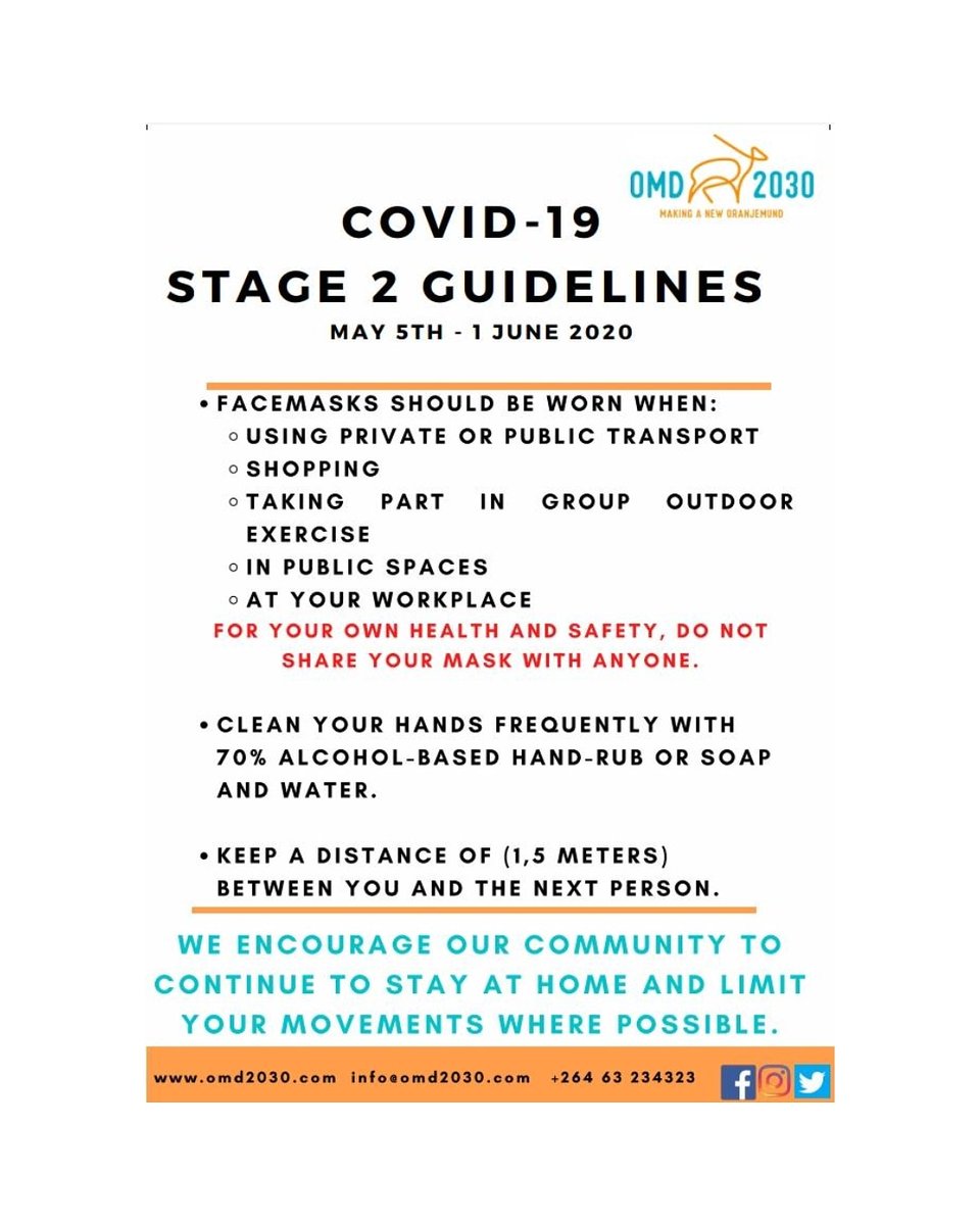 OMD_2030's tweet photo. Namibia | COVID -19 | Stage Two Guidelines 

These are just a few guidelines we should all be doing to further protect ourselves and everyone around us.

#stayhome  #StayPositive_StaySafe https://t.co/EkOF3v32HH