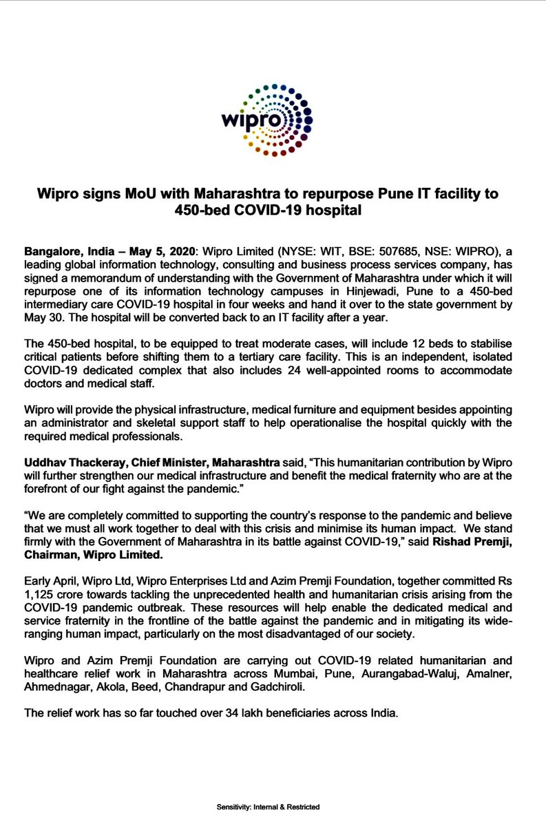 Wipro has committed to repurpose one of our independent and vacant facilities in Pune into a 450 bed Covid-19 hospital. Committed to the nation and to the Govt of Maharashtra to do what we can to help. <a href="/Wipro/">Wipro</a> <a href="/uddhavthackeray/">Uddhav Thackeray</a> <a href="/CMOMaharashtra/">CMO Maharashtra</a>