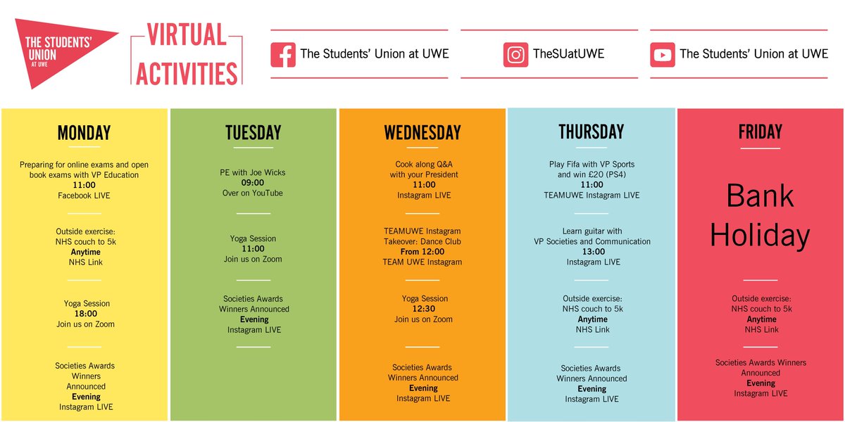 UWEBristol's tweet photo. 🙌 | @TheSUatUWE is hosting a variety of virtual activity sessions across their channels. Follow them to get involved! #TeamUWE

🧘‍♂️ Yoga
🍳 Cooking
🎮 Video games
🎸 Learning guitar
💃 Dance
and much more! https://t.co/VnkwVba7ta