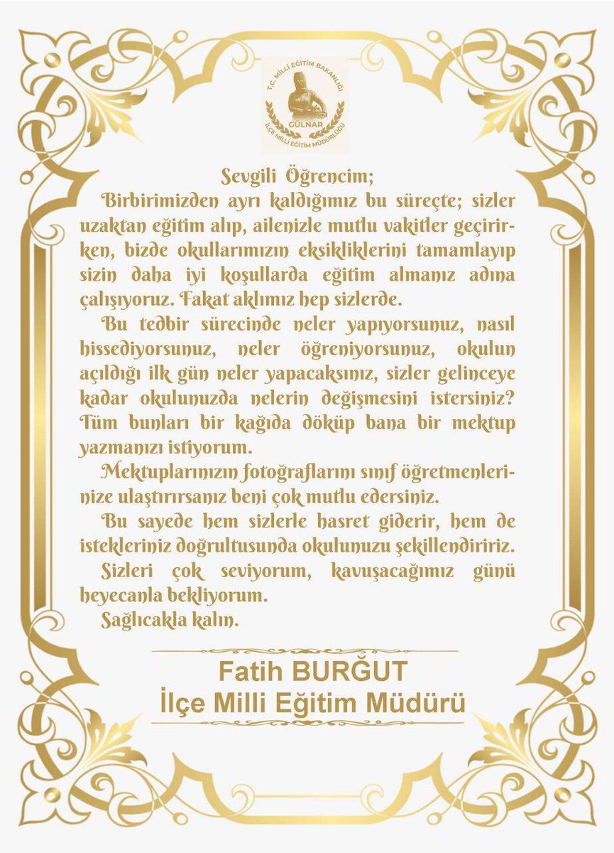 📌İlçe Milli Eğitim Müdürümüzden öğrencilerimize mektup var.
#tatildegiluzaktanegitim
<a href="/FatihBurgut/">Fatih BURĞUT</a>
<a href="/MikailEREN33/">Mikail EREN</a> 
<a href="/BaykalBasdemir/">Baykal BAŞDEMİR</a> 
<a href="/AdemKoca46/">Adem Koca</a>
@hmzaydg 
<a href="/ziyaselcuk/">Ziya Selçuk</a>