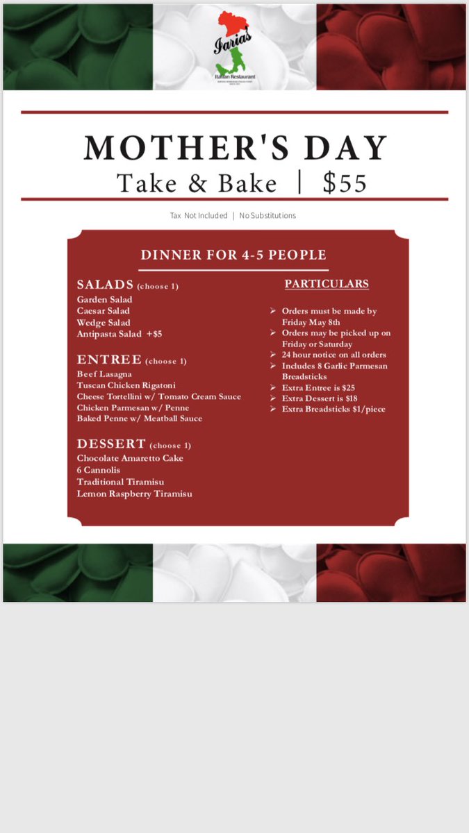 We’ve put together a few options to enjoy Iaria’s food on Mother’s Day. Please have orders in by Friday May 8th for pickup on Saturday. Happy Mother’s Day to all the hard working mothers!