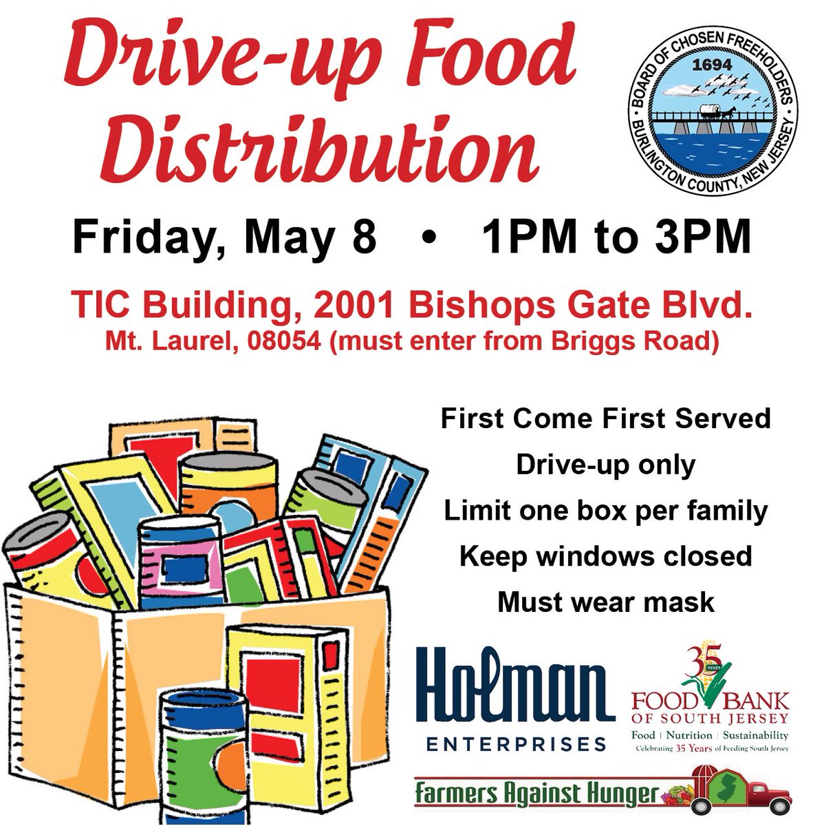 Spread the word! The Freeholder Board is sponsoring a Drive-up Food Distribution Event this Friday 5/8 from 1-3PM. Special thanks our partners Holman Enterprises, <a href="/foodbankSJ/">Food Bank of South Jersey</a> &amp; <a href="/NJ_FAH/">FarmersAgainstHunger</a> for helping put together this event for our residents in need!