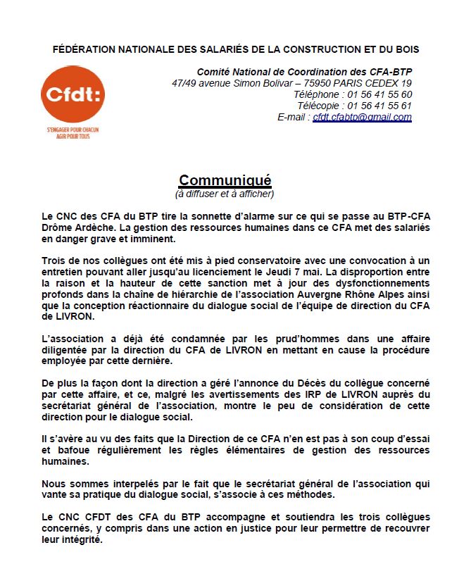 Notre section est alerté par le CNC @cfdt des #CFA sur la situation de 3 salariés au BTP CFA Drome Ardèche !
Que se passe t il à la direction de BP CFA Drome Ardèche ?

Nos collègues peuvent compter sur notre #solidarité ! 
<a href="/fncbcfdt/">Fédération Construction et Bois CFDT</a> <a href="/BtpBfc/">CFDT CFA BTP BFC</a> @CfdtBtpCfaPic 
#affairelivron