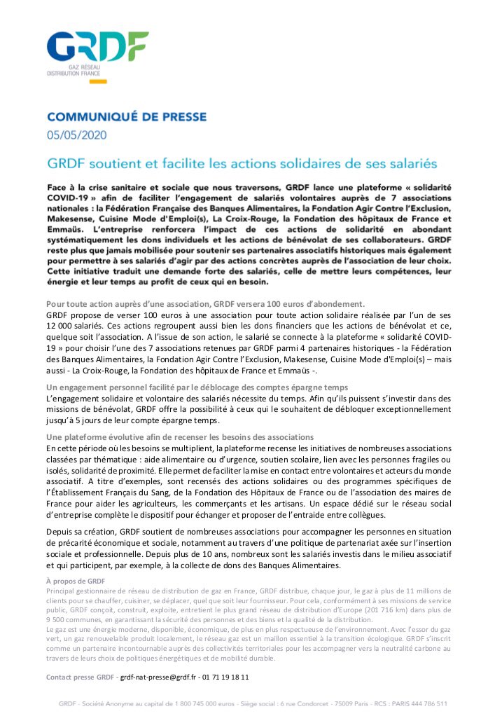 #CP #Presse 📰

#GRDF soutient et facilite les actions #solidaires de ses salariés en versant systématiquement 100€ d’abondement pour toutes actions de #bénévolat réalisées auprès d’une association.

#SolidariteCOVID19 #RSE #FiertéGazière #ServicePublic