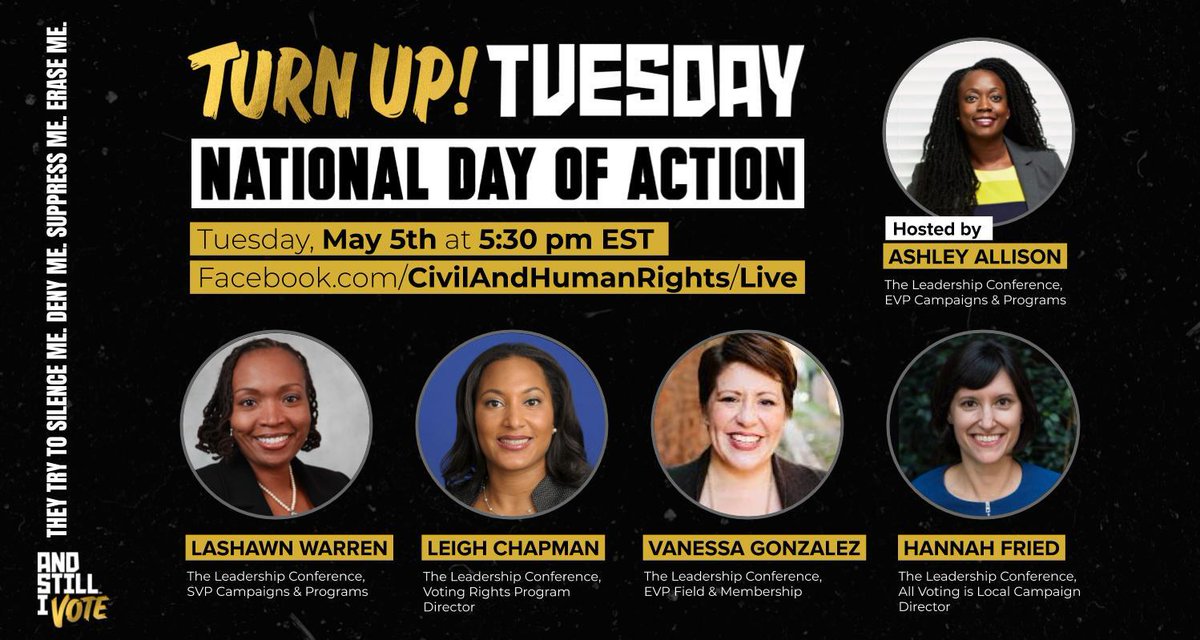 Graphic reads: "Turn Up Tuesday. National day of action" and repeats the time and location of the event, which will be held on Facebook Live. The graphic includes photos of the five participants: Ashley Allison, LaShawn Warren, Leigh Chapman, Vanessa Gonzalez, and Hannah Fried.