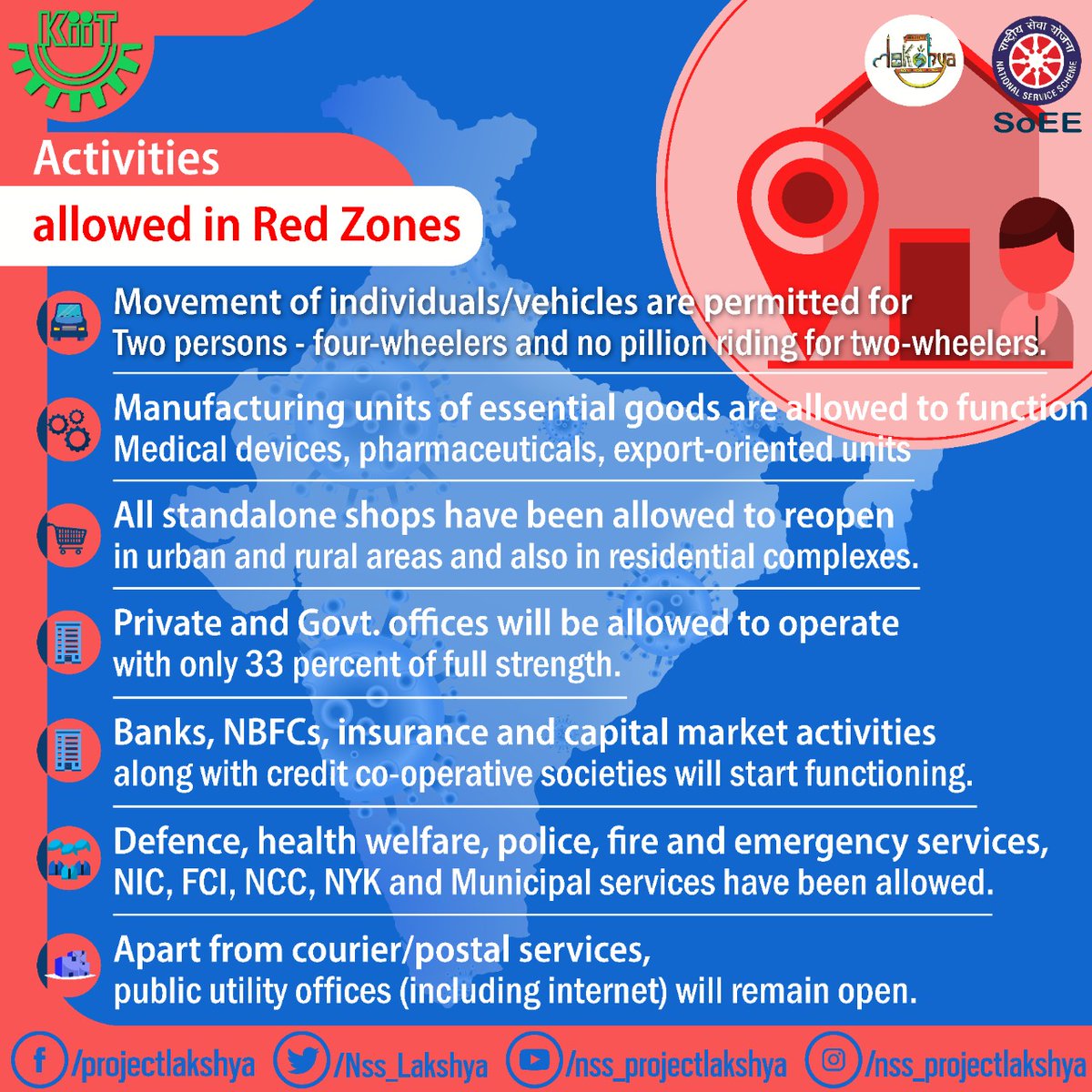 Nss_Lakshya's tweet photo. The Ministry of Home Affairs has divided 733 districts of the country into Red (hotspot),Orange, and Green zones.The new guidelines have permitted considerable restrictions in Green and Orange zones. Here are the basic guidelines which need to be followed in the respective zones. https://t.co/nsxJg0OSqk
