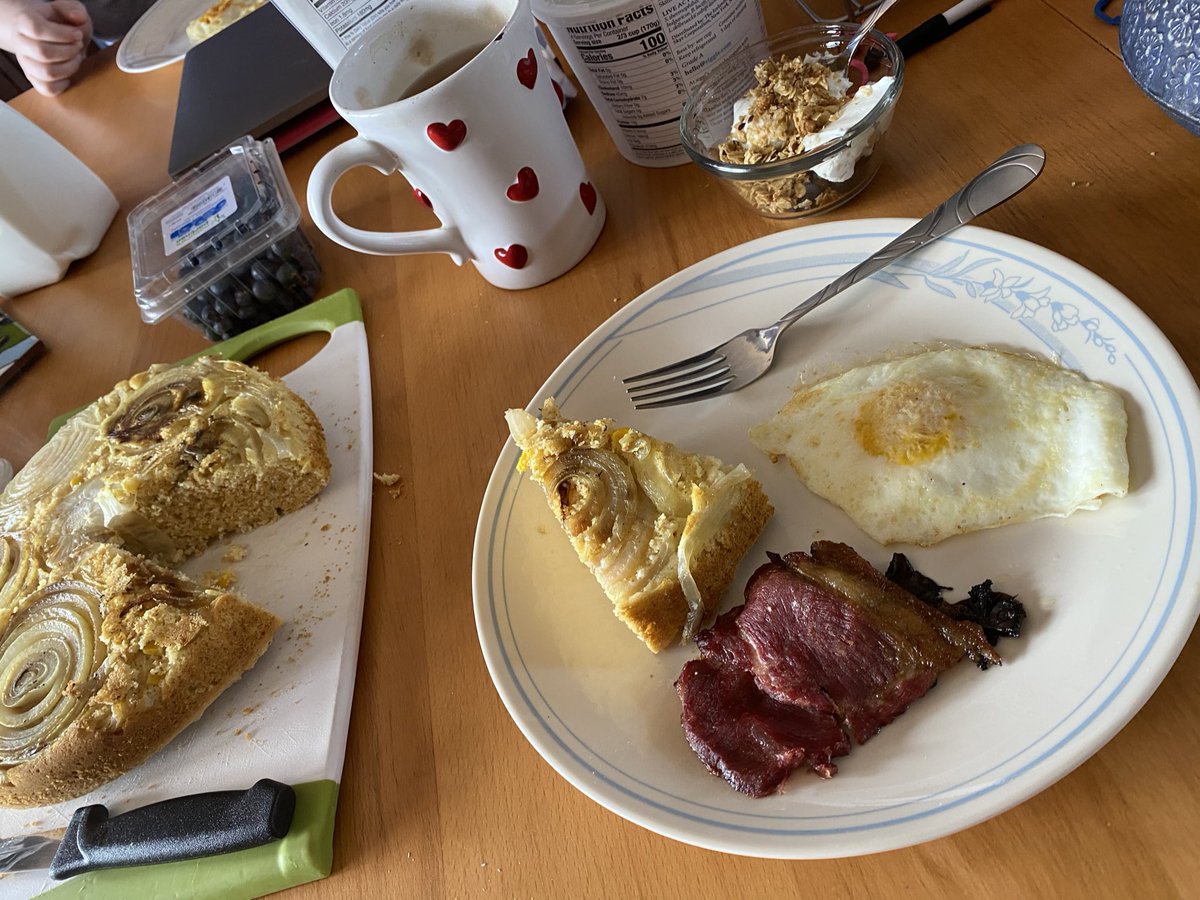 Today  #togetherbreakfast has a Vidalia upside down cornbread by yours truly, with cottage bacon and an over easy egg. A little yogurt with blueberries and granola to top it off, and lapsong souchong for the non-coffee people (aka me)