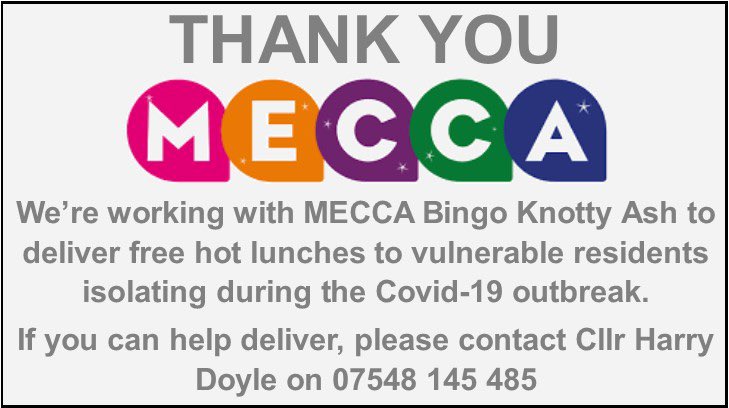 Hot lunches delivered this afternoon to 84 local residents. Thank you @MeccaBingo and all our volunteers delivering across all L14 and L12. What a lovely day too! #COVIDkindness #communityresponse #CommunityPartner