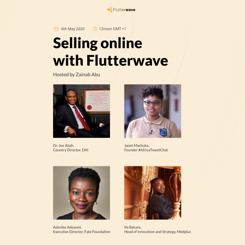 theflutterwave's tweet photo. Finally It’s here 🥳 Our virtual product launch on ‘Selling online with Flutterwave’

Join us as we share ways your business can benefit from using the ‘Flutterwave Store’ 

📆: 6th May, 2020
⏰: 12pm (GMT+1) 

Register here 👉🏽 https://t.co/KepCdUDTOC
#KeepTheLightsOn https://t.co/6fVwkMXLVs