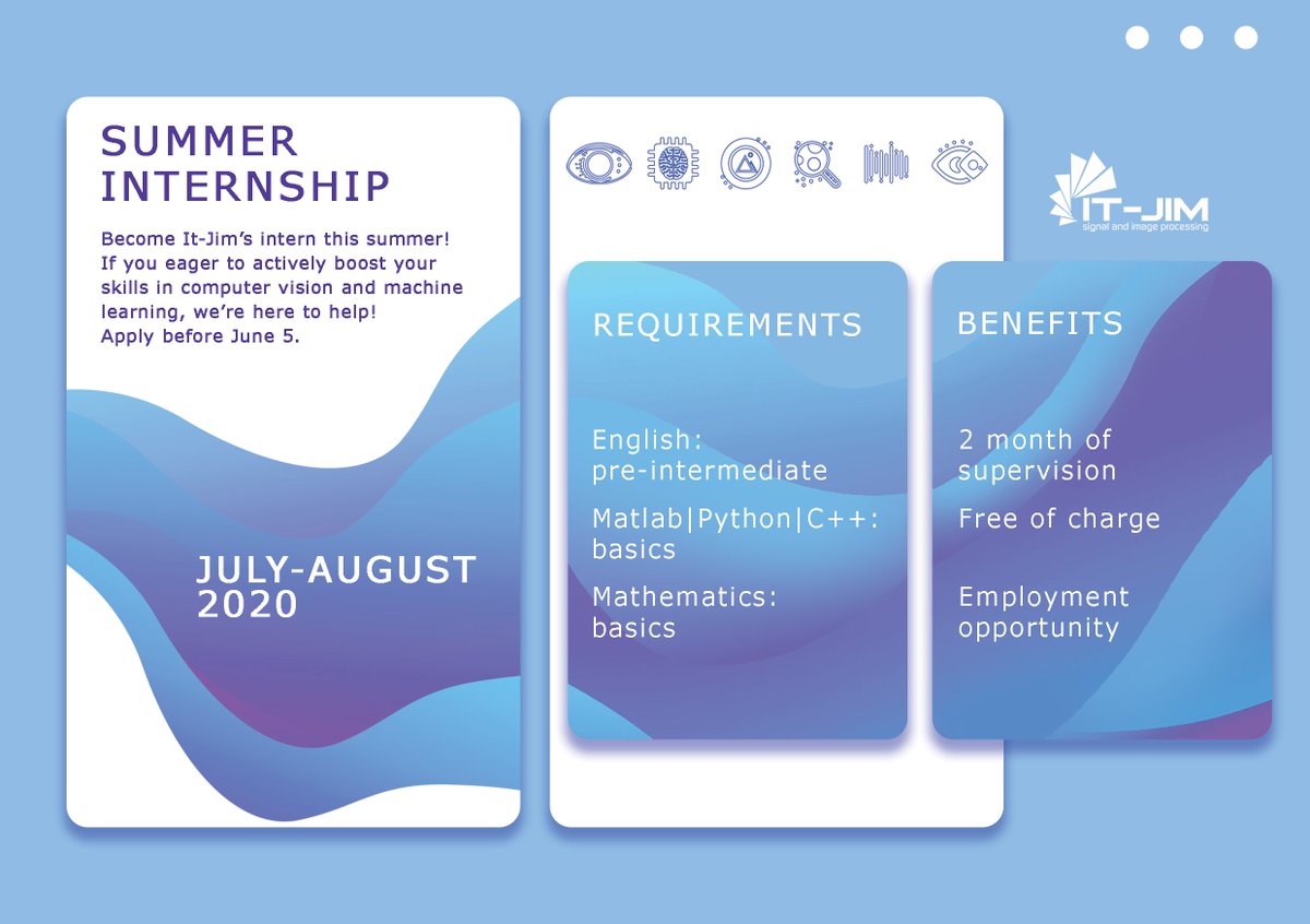 jimitjim's tweet photo. Summer internship on #computervision in Kharkiv. Weekly lectures on #CV, #ML along with hands-on experience in solving practical CV and ML tasks! Apply here: https://t.co/VjFpGUKByB to become one of the It-Jim's interns ;)
#internship #itjim #machinelearning #imageprocessing https://t.co/rNha7piQ79