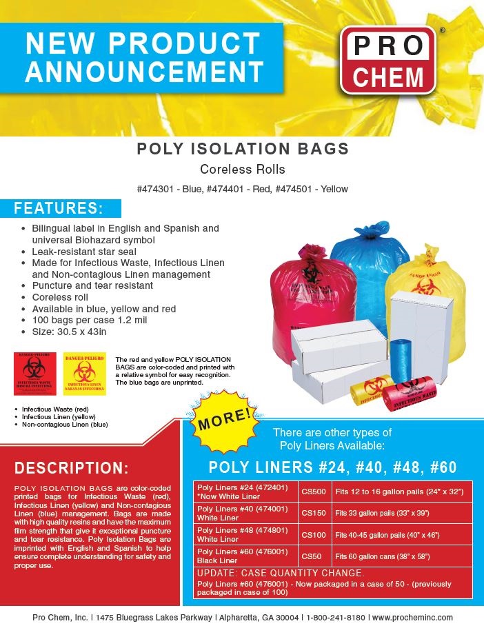 ProChemInc's tweet photo. Pro Chem now offers Poly Isolation Bags. Available in Red (Infectious Waste), Yellow (Infectious Linen) and Blue (Non-contagious Linen. We also offer other types of Poly Liners. Call 1-800-241-8180, or your local Pro Chem representative to find out more. #waste #bags #Procheminc https://t.co/468MN86DWC